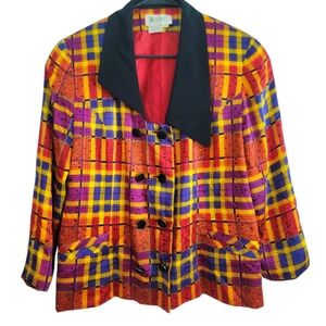 Julie Francis Vintage 100% Silk Blazer Sz 10 80s Plaid Art To Wear Fun EUC